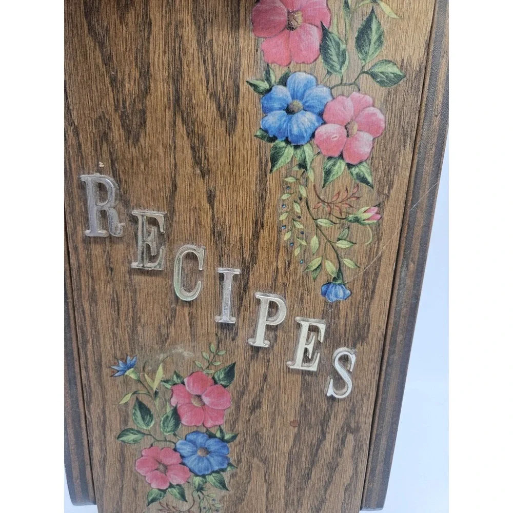 Vintage Wall Mounted Wooden Recipe Box w Fold-out Door